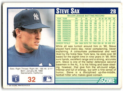 1991 Score Steve Sax New York Yankees #32