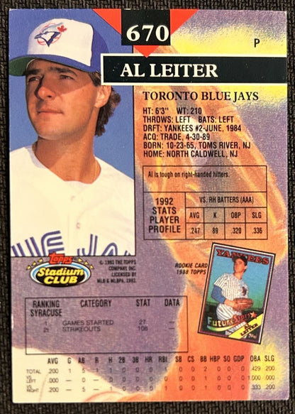 1993 Topps Stadium Club Al Leiter Toronto Blue Jays #670