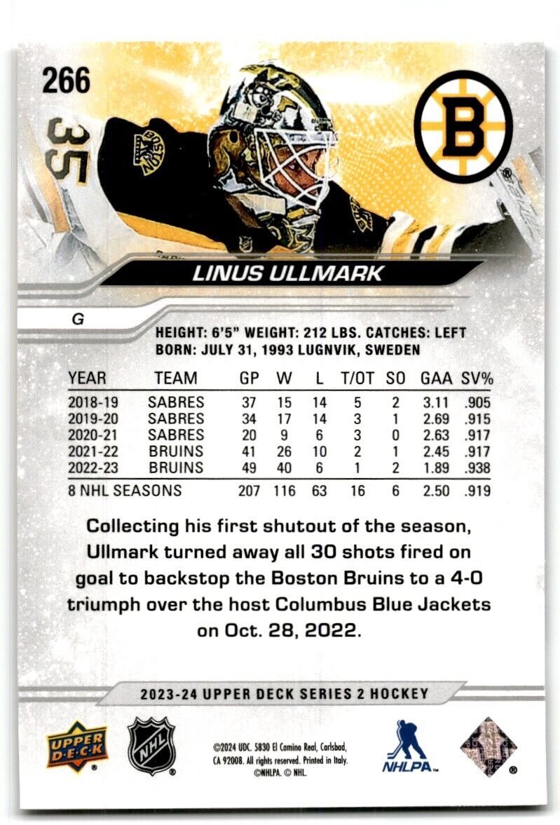 2023-24 Upper Deck Linus Ullmark Boston Bruins #266