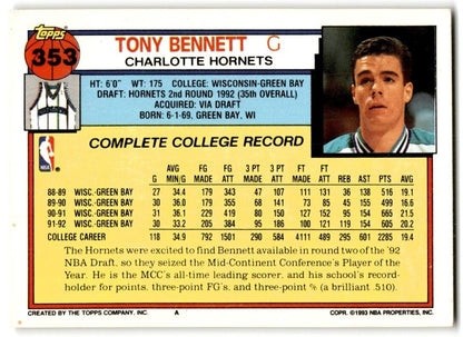 1992-93 Topps Tony Bennett Rookie Charlotte Hornets #353