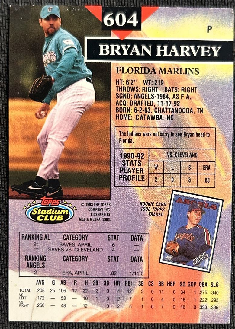 1993 Topps Stadium Club Bryan Harvey Florida Marlins #604