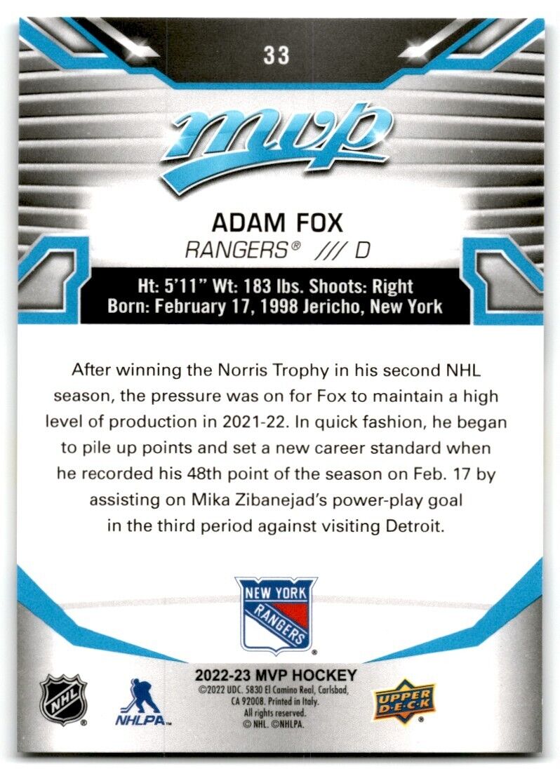 2022-23 Upper Deck MVP Adam Fox New York Rangers #33