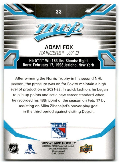 2022-23 Upper Deck MVP Adam Fox New York Rangers #33