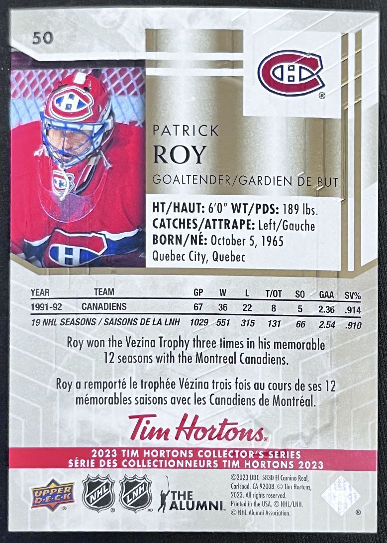 2023-24 Upper Deck Tim Hortons Legends Tim Horton Patrick Roy Montreal Canadiens