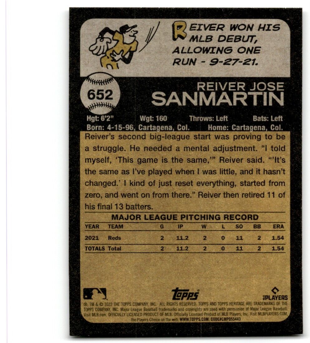 2022 Topps Heritage High Number Reiver Sanmartin Rookie Cincinnati Reds #652