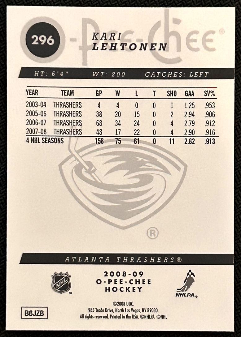 2008-09 O-Pee-Chee Kari Lehtonen Atlanta Thrashers #296