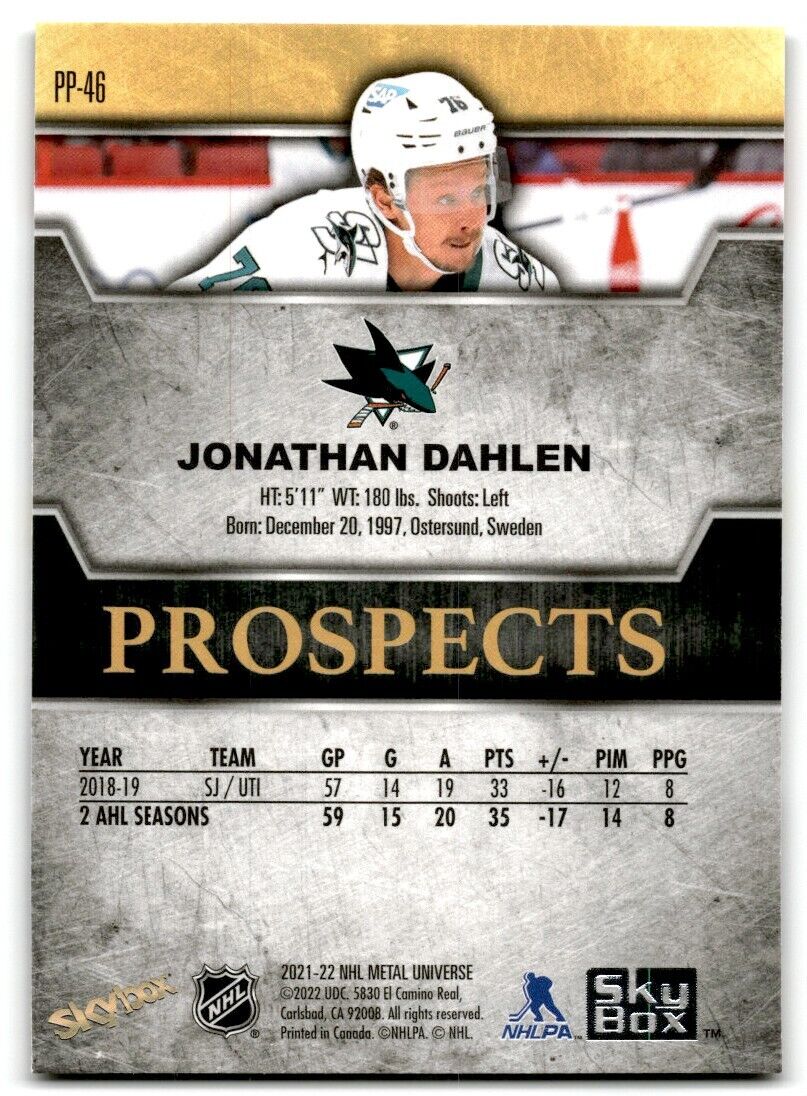 2021-22 Skybox Metal Universe Premium Prospects Jonathan Dahlen Rookie San Jose