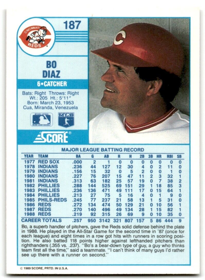 1989 Score Bo Diaz Cincinnati Reds #187