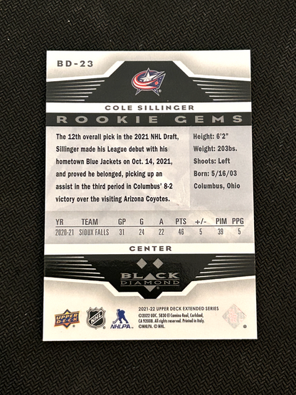 2021-22 UD - Extended Series - Black Diamond Rookie Gems Cole Sillinger BD-23