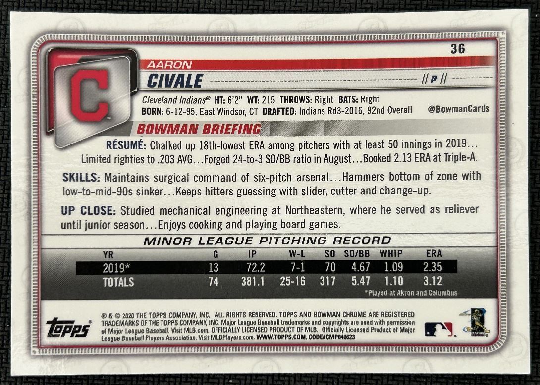 2020 Bowman Chrome Aaron Civale Rookie Cleveland Indians #36