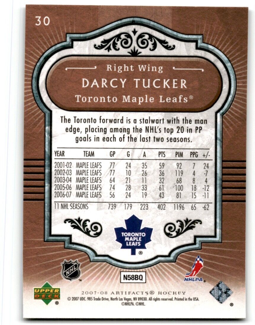 2007-08 Upper Deck Artifacts Darcy Tucker Toronto Maple Leafs #30