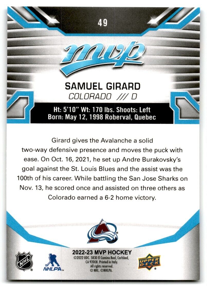 2022-23 Upper Deck MVP Samuel Girard Colorado Avalanche #49