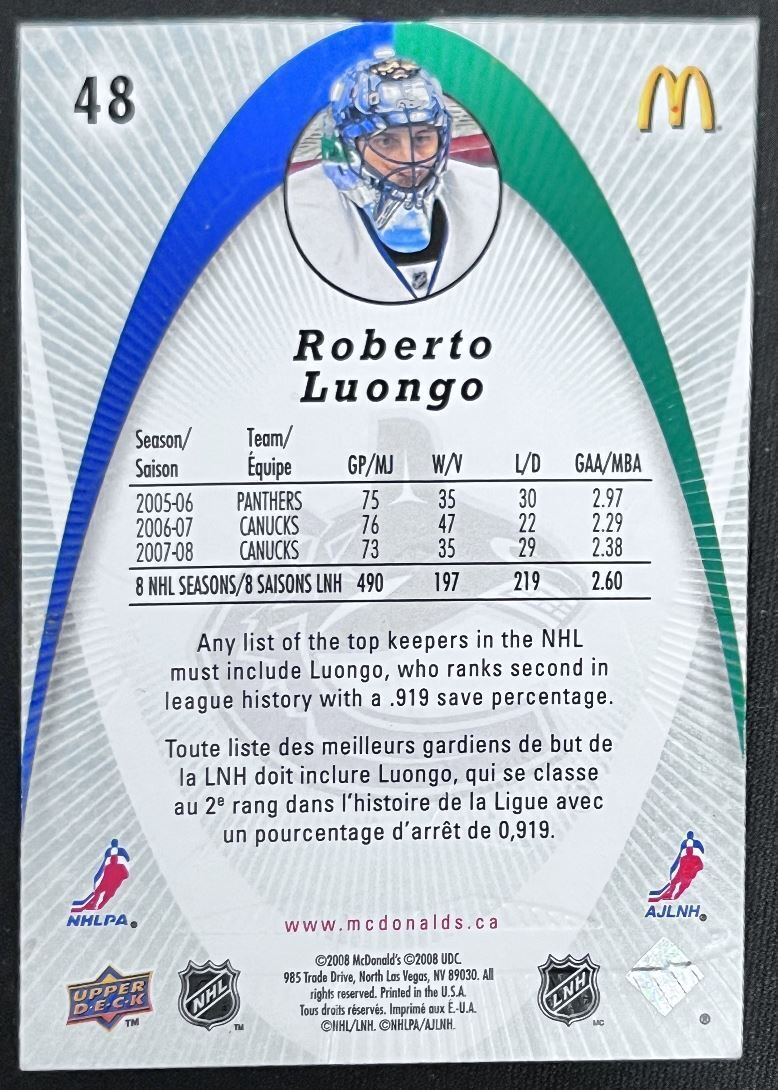 2008-09 McDonald's Upper Deck Roberto Luongo Vancouver Canucks #48