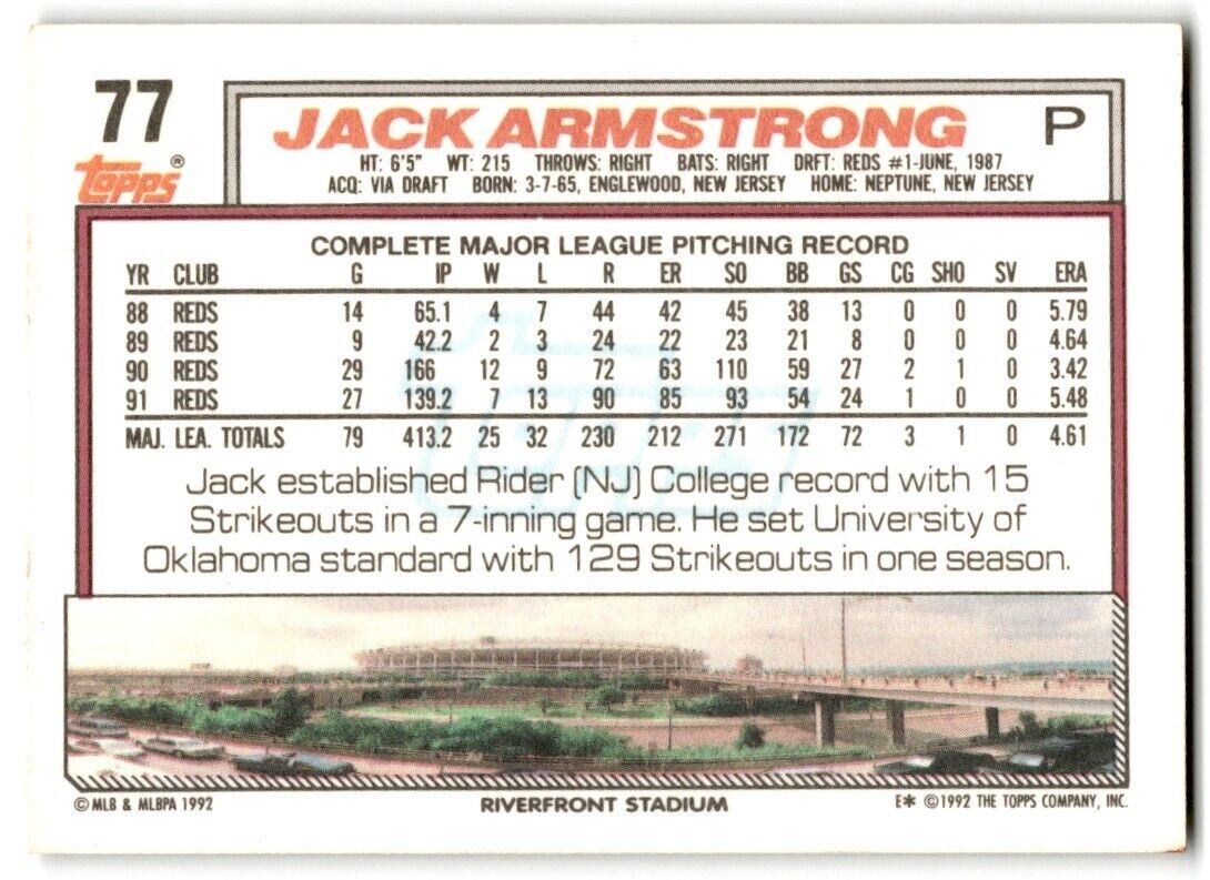 1992 Topps Jack Armstrong Cincinnati Reds #77