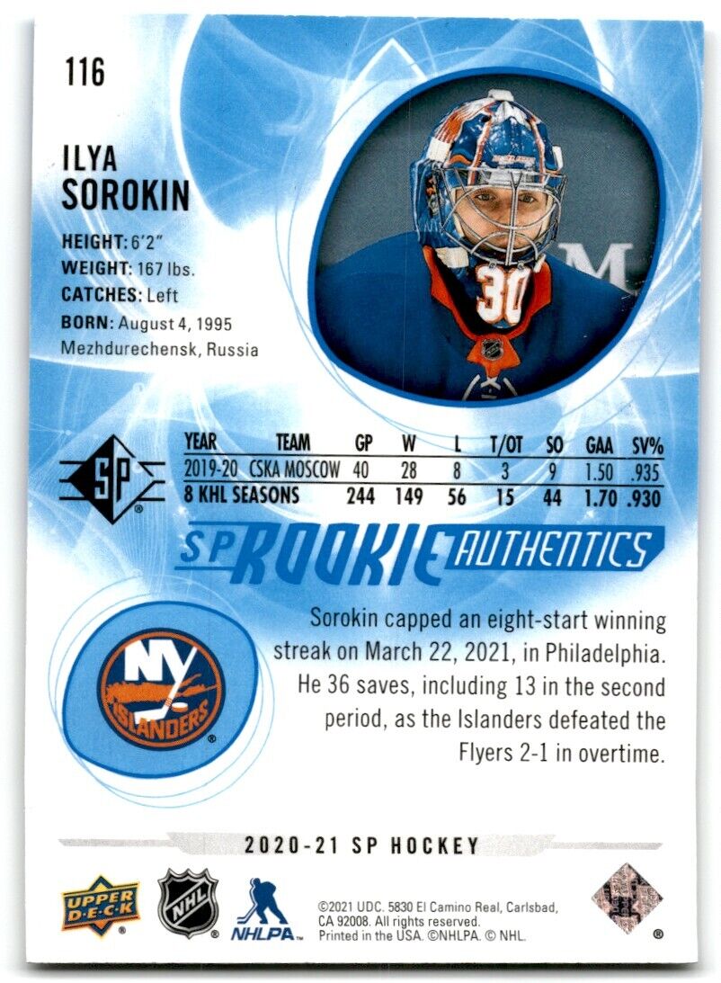 2020-21 Upper Deck Rookie SP Authentic Ilya Sorokin Rookie New York Islanders