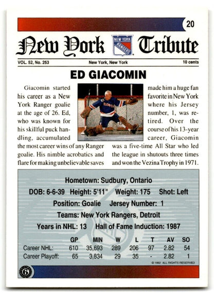 1991-92 Ultimate Original 6 Ed Giacomin New York Rangers #20