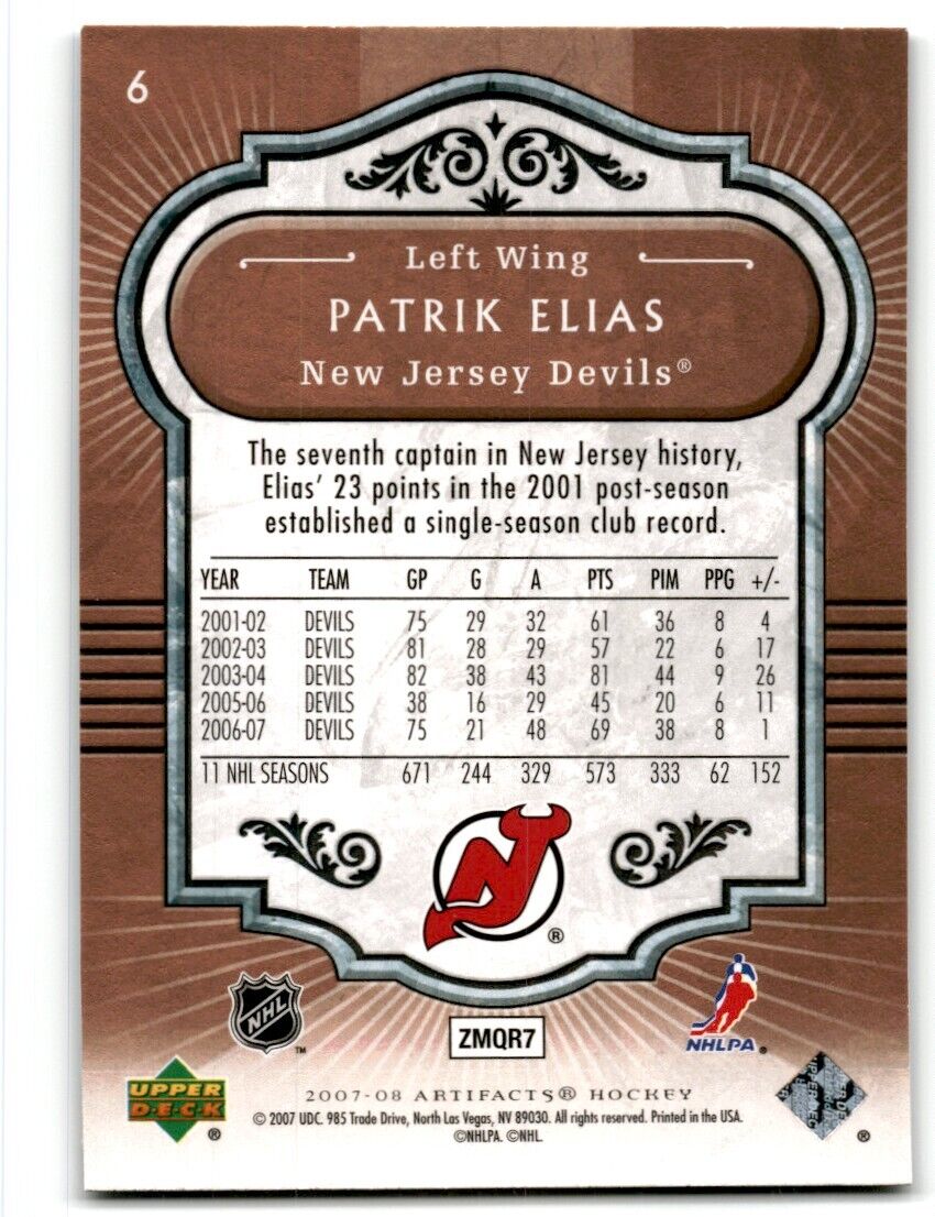 2007-08 Upper Deck Artifacts Patrik Elias New Jersey Devils #6