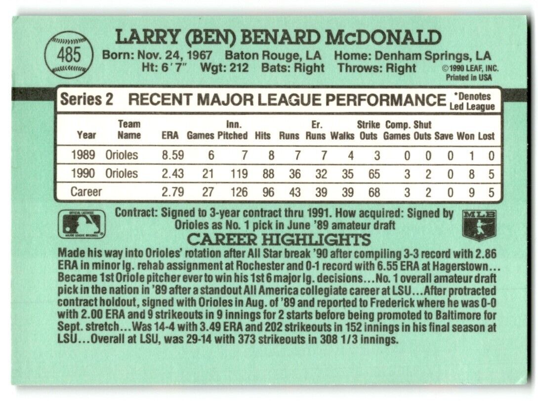 1991 Donruss Ben McDonald Baltimore Orioles #485