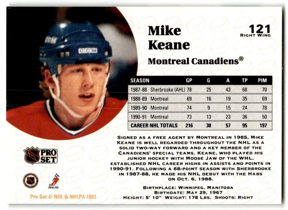 1991-92 Pro Set Mike Keane Montreal Canadiens #121