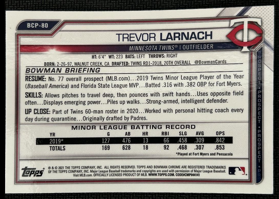 2021 Bowman Chrome Prospects Trevor Larnach Minnesota Twins #BCP-80