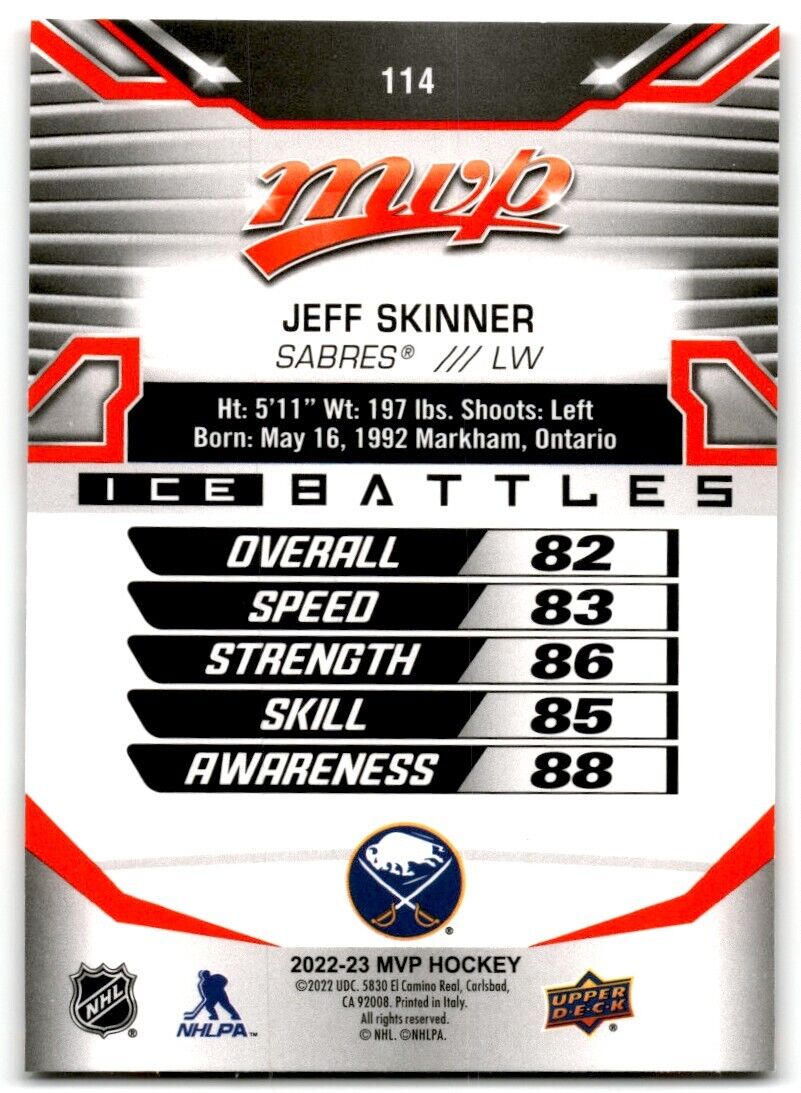 2022-23 Upper Deck MVP Ice Battles Jeff Skinner Buffalo Sabres #114