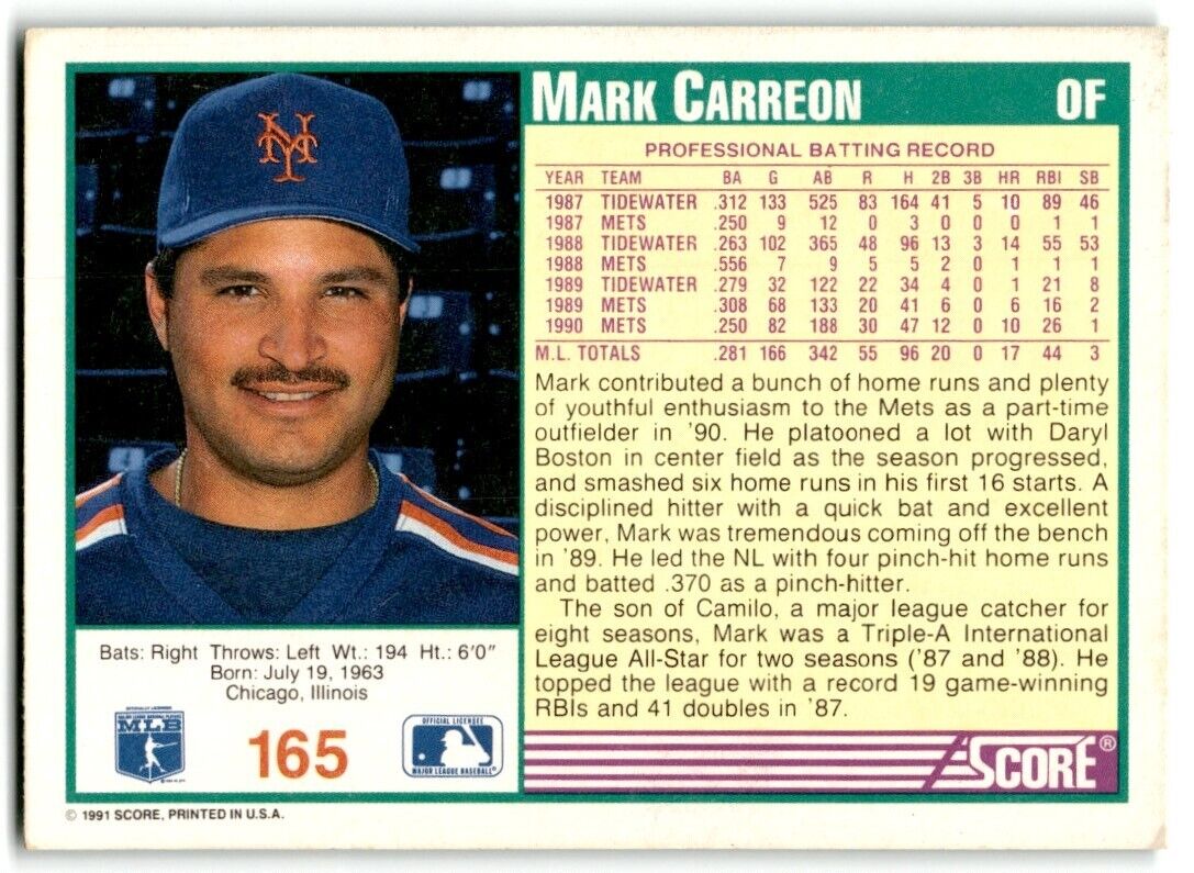 1991 Score Mark Carreon New York Mets #165