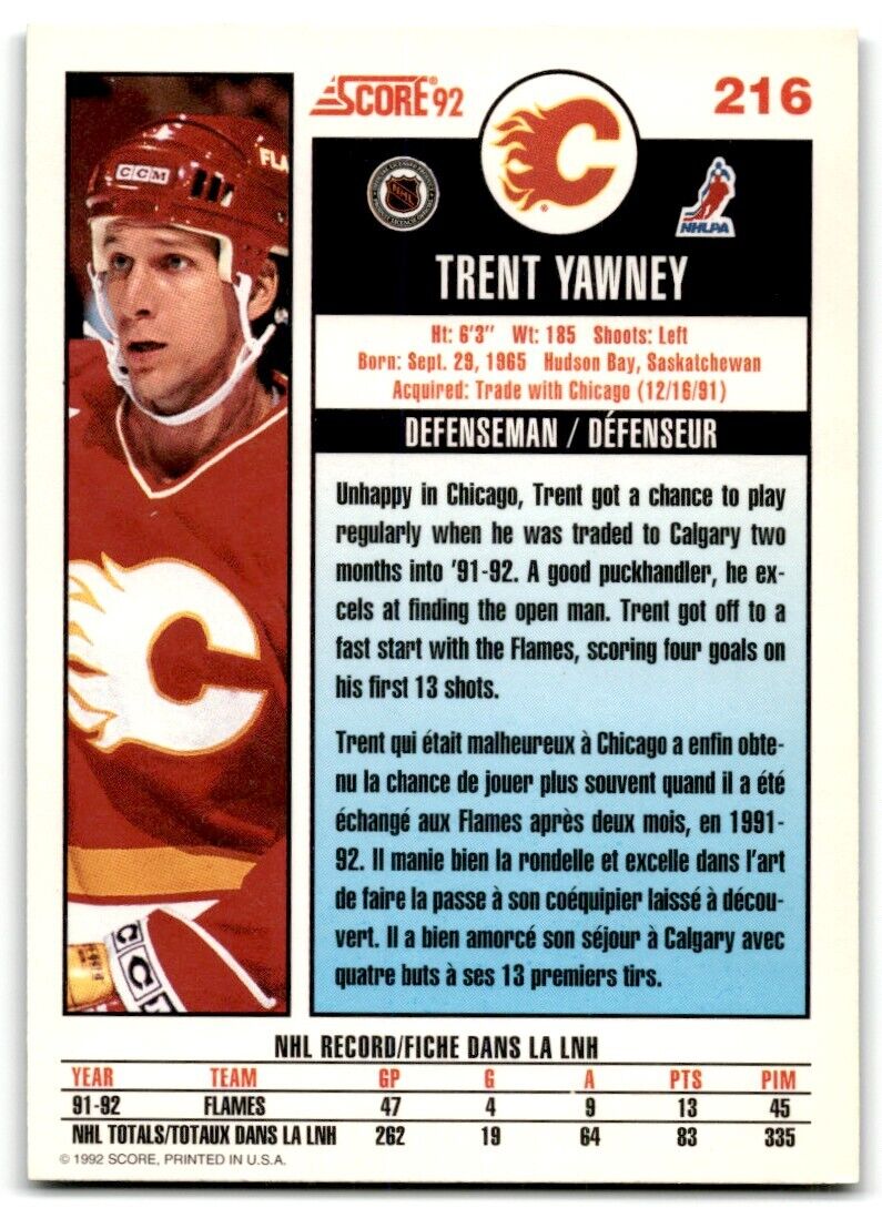 1992-93 Score Trent Yawney Calgary Flames #216