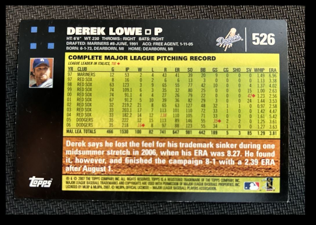 2007 Topps Derek Lowe Los Angeles Dodgers #526