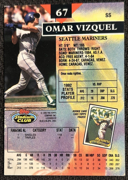 1993 Stadium Club Omar Vizquel Seattle Mariners #67