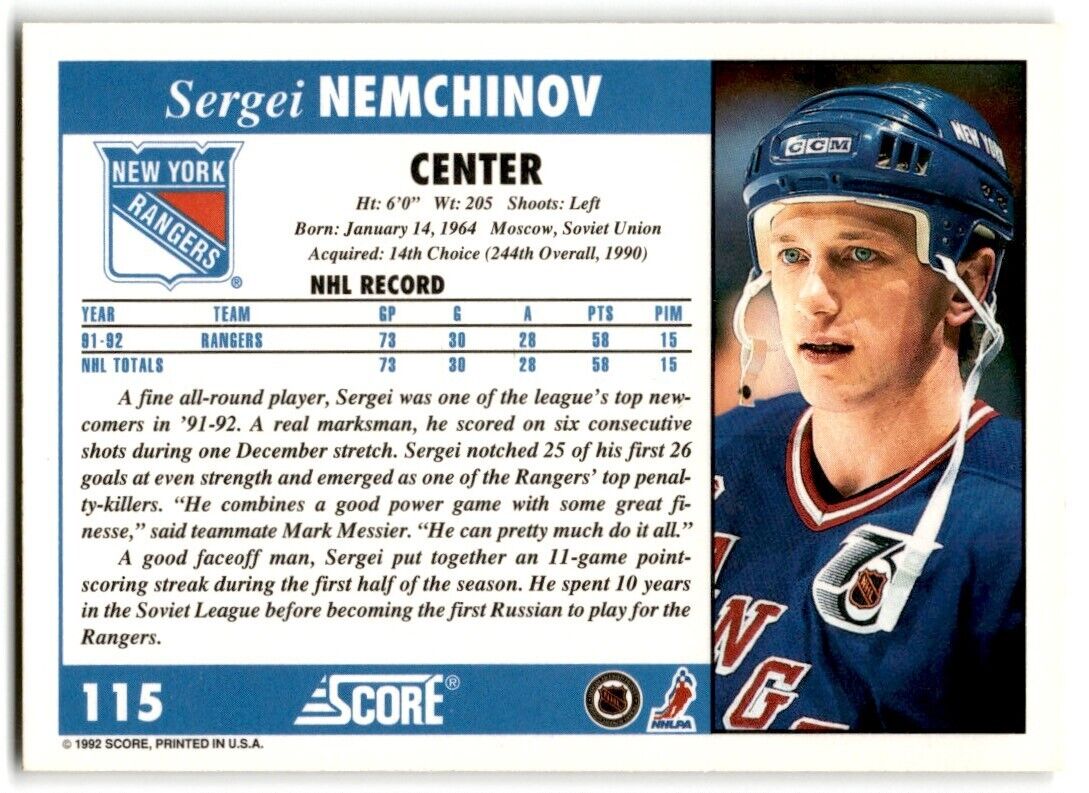 1992-93 Score Sergei Nemchinov New York Rangers #115