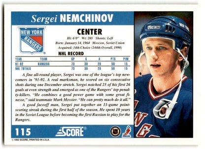 1992-93 Score Sergei Nemchinov New York Rangers #115