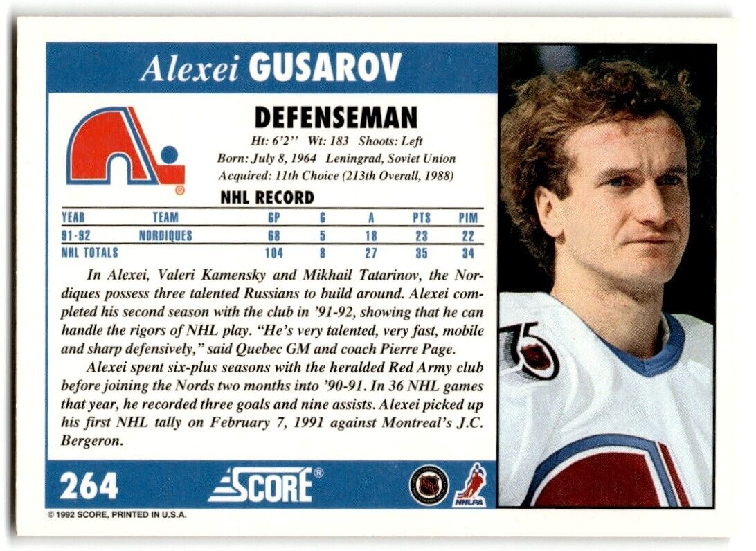 1992-93 Score Alexei Gusarov Quebec Nordiques #264