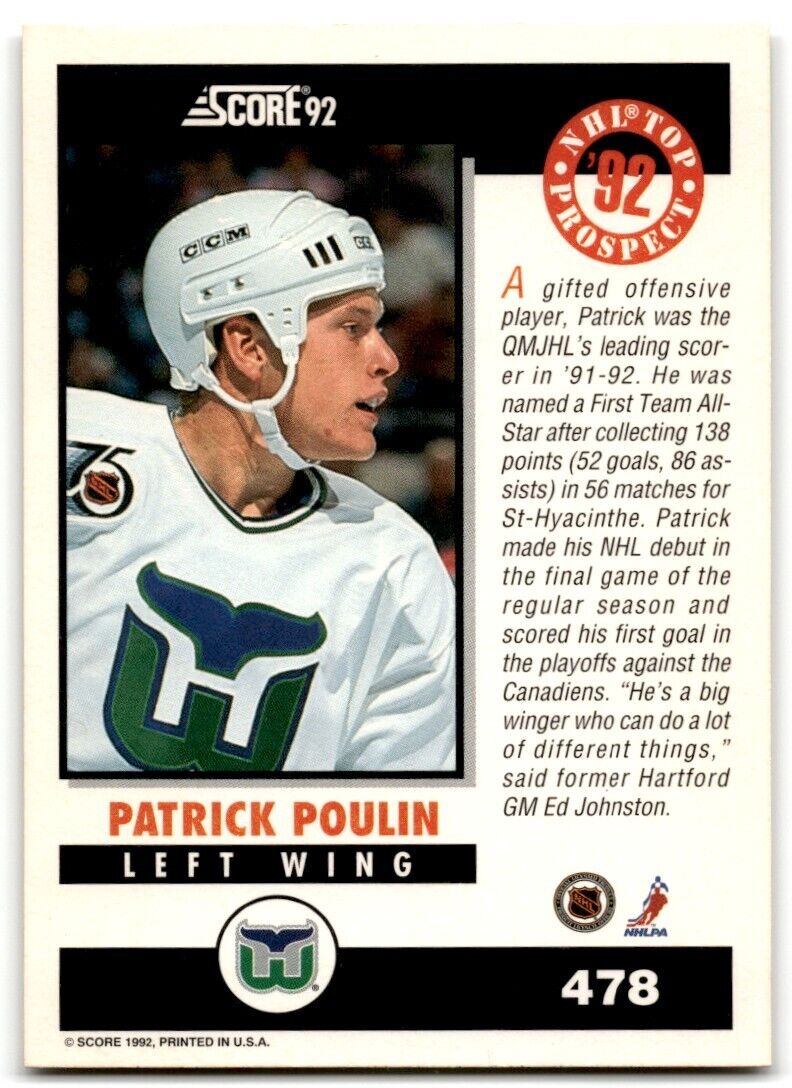 1992-93 Score Patrick Poulin Hartford Whalers #478