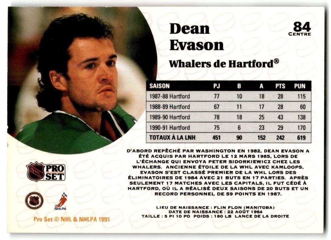 1991-92 Pro Set Dean Evason Hartford Whalers #84