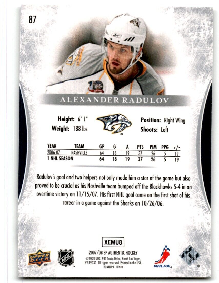 2007-08 SP Authentic Alexander Radulov Nashville Predators #87