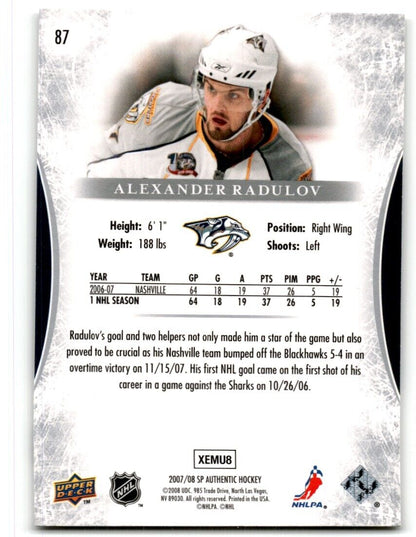 2007-08 SP Authentic Alexander Radulov Nashville Predators #87