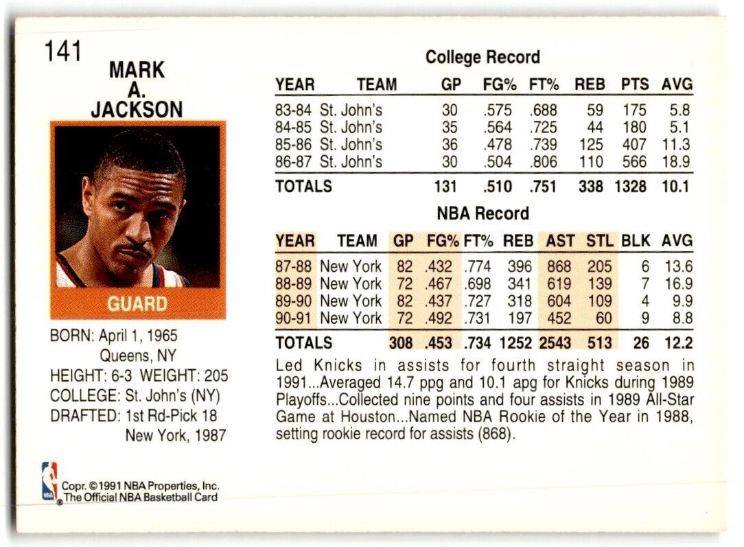 1991-92 Hoops Mark Jackson New York Knicks #141