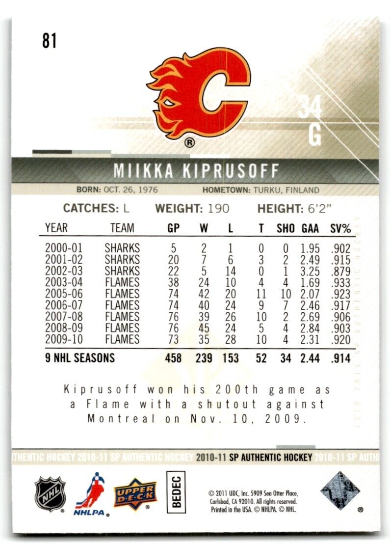 2010-11 SP Authentic Miikka Kiprusoff Calgary Flames #81