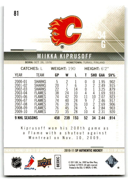 2010-11 SP Authentic Miikka Kiprusoff Calgary Flames #81