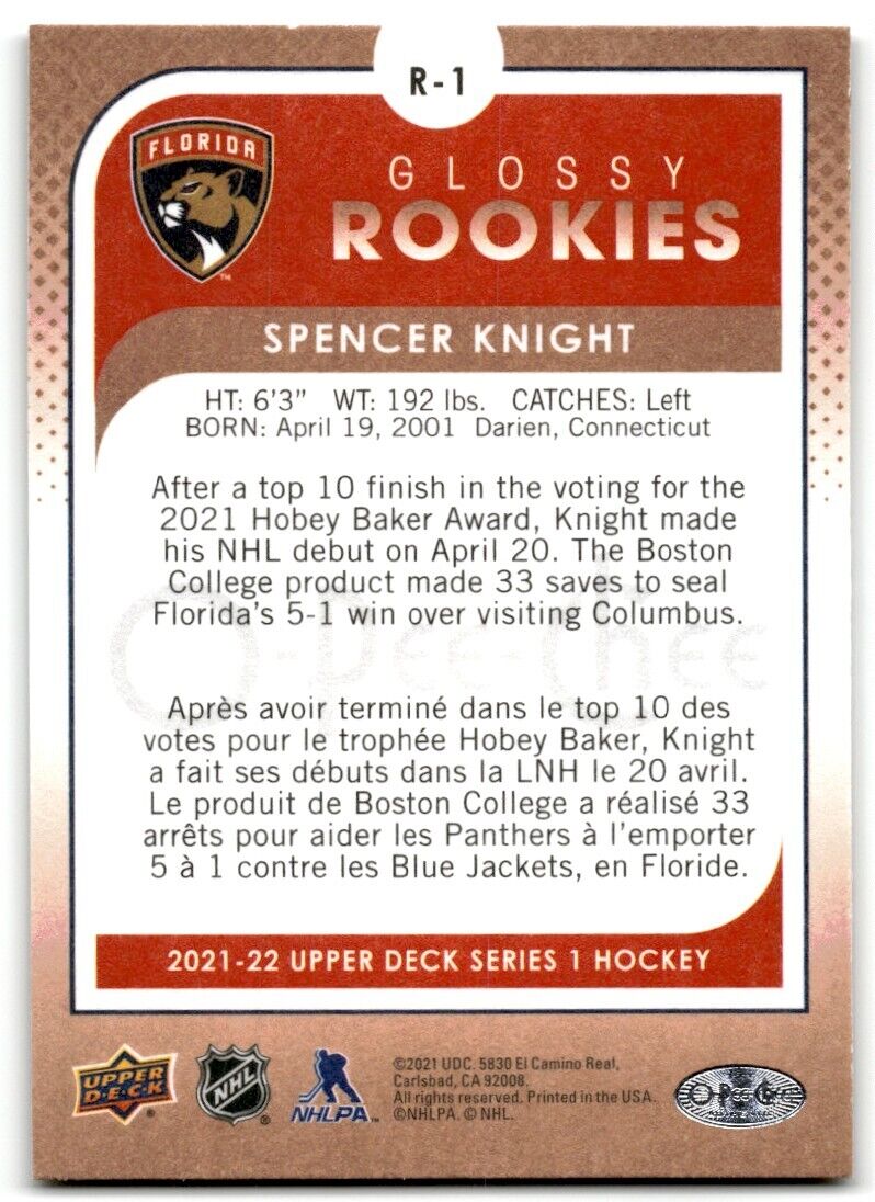 2021-22 Upper Deck O-Pee-Chee Glossy Rookies Spencer Knight Rookie Florida