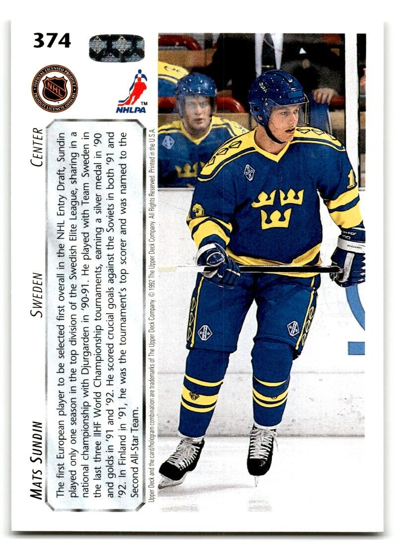 1992-93 Upper Deck Mats Sundin Sweden #374