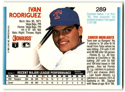 1992 Donruss Ivan Rodriguez Texas Rangers #289