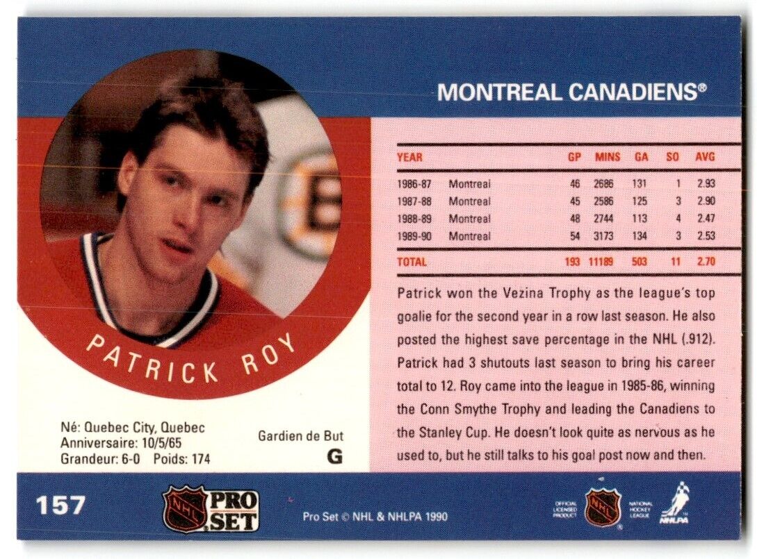 1990-91 Pro Set Patrick Roy Montreal Canadiens #157