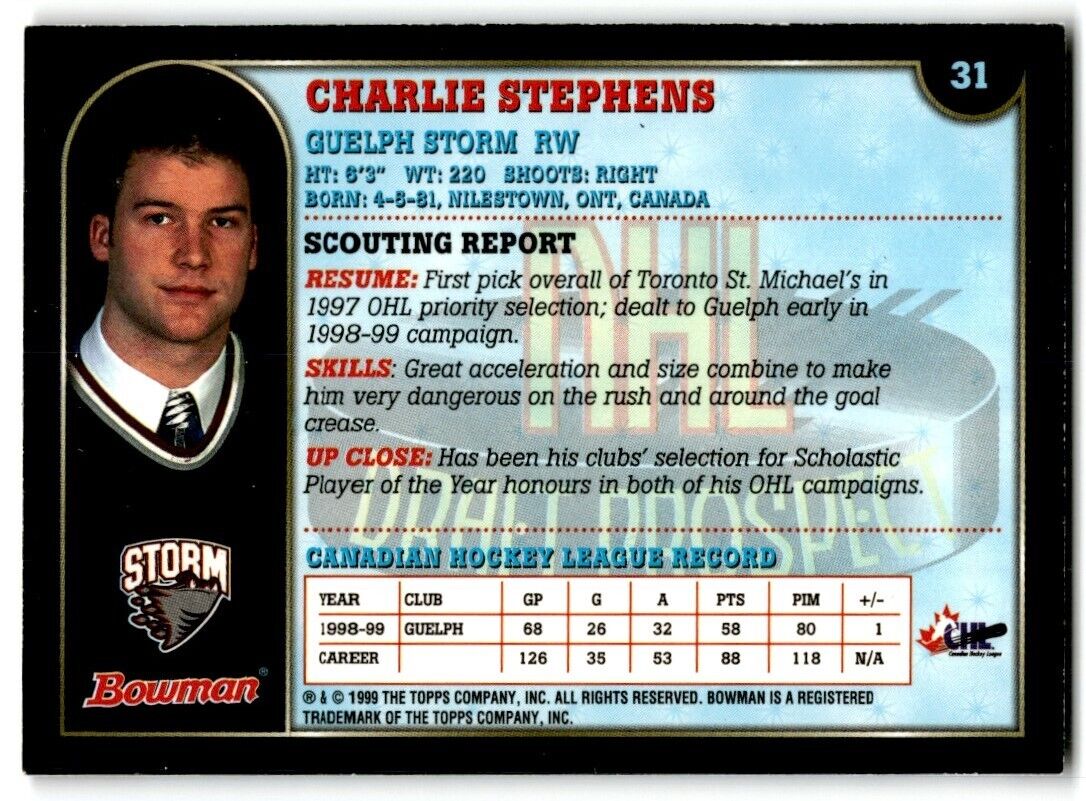 1999-00 Bowman CHL Charlie Stephens Guelph Storm #31