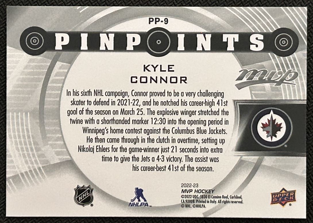 2022-23 Upper Deck MVP Pinpoints Kyle Connor Winnipeg Jets #PP-9