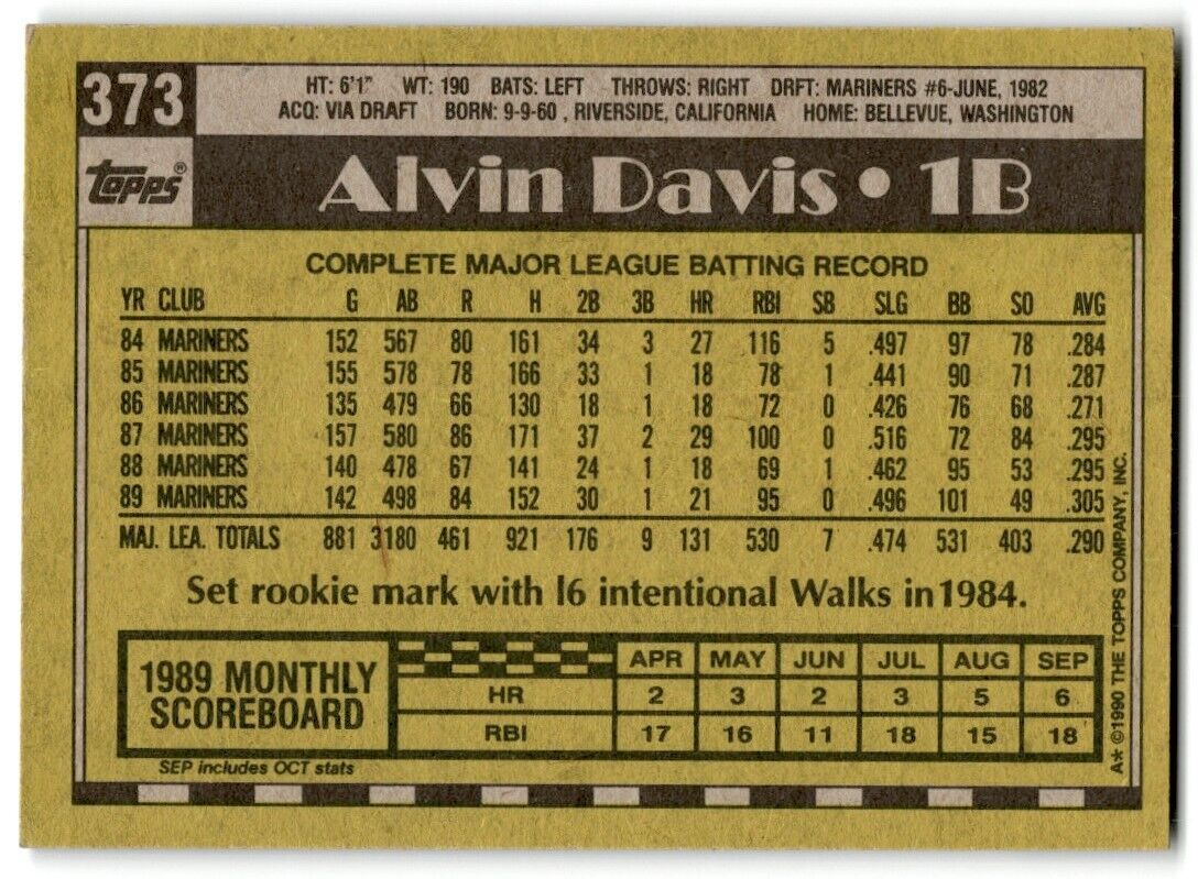 1990 Topps Alvin Davis Seattle Mariners #373