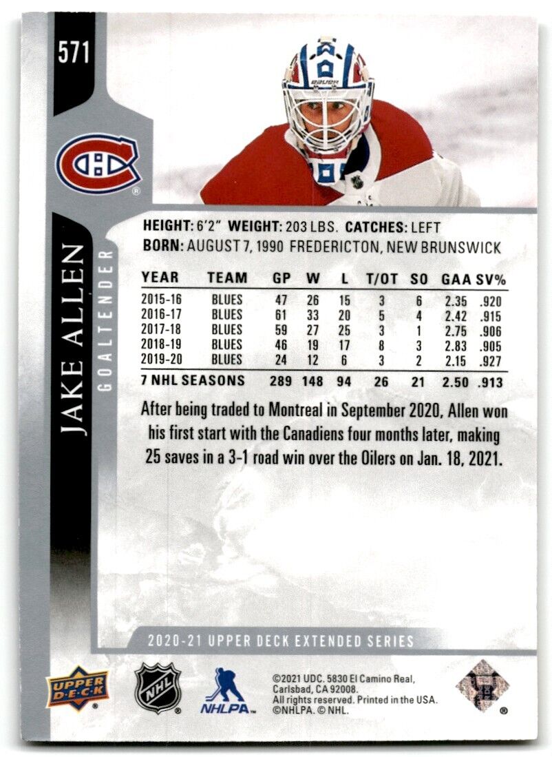 2020-21 Upper Deck Jake Allen Montreal Canadiens #571