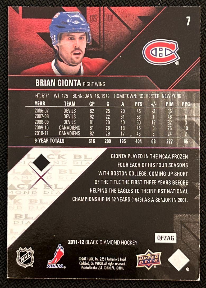 2011-12 Upper Deck Black Diamond Brian Gionta Montreal Canadiens #7