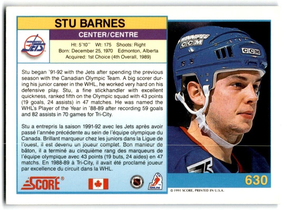 1991-92 Score Canadian Bilingual Stu Barnes Winnipeg Jets #630