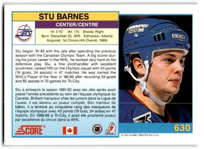 1991-92 Score Canadian Bilingual Stu Barnes Winnipeg Jets #630